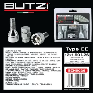 Antitheft Wheel Nuts / Bolts Butzi Premium Kit 6 pcs With Unique Key-Tool Type-EE M12x1.5 L26 T17-image-6294839
