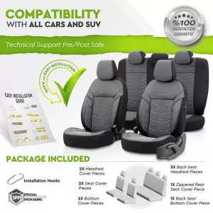 Seat Covers Otom Reflective Design Universal Jacquard / Rachel / Artificial Leather Front / Rear Set 11 Pieces Black - Dark Grey RFL-2603-image-6305237