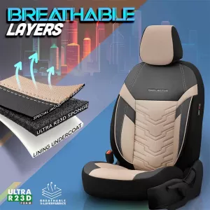 Seat Covers Otom Reflective Design Universal Jacquard / Rachel / Artificial Leather Front / Rear Set 11 Pieces Black - Beige RFL-2605-image-6305242