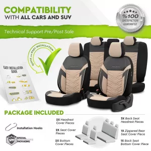 Seat Covers Otom Reflective Design Universal Jacquard / Rachel / Artificial Leather Front / Rear Set 11 Pieces Black - Beige RFL-2605-image-6305248