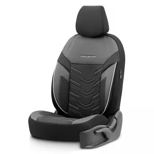 Seat Covers Otom Reflective Design Universal Jacquard / Rachel / Artificial Leather Front / Rear Set 11 Pieces Black With White Stitch RFL-2602-image-6305251