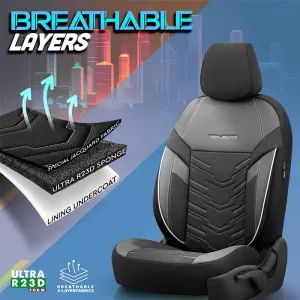 Seat Covers Otom Reflective Design Universal Jacquard / Rachel / Artificial Leather Front / Rear Set 11 Pieces Black With White Stitch RFL-2602-image-6305253