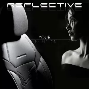 Seat Covers Otom Reflective Design Universal Jacquard / Rachel / Artificial Leather Front / Rear Set 11 Pieces Black With White Stitch RFL-2602-image-6305260