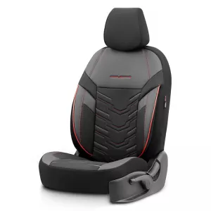 Seat Covers Otom Reflective Design Universal Jacquard / Rachel / Artificial Leather Front / Rear Set 11 Pieces Black With Red Stitch RFL-2601-image-6305262