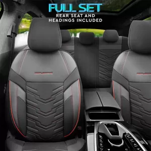 Seat Covers Otom Reflective Design Universal Jacquard / Rachel / Artificial Leather Front / Rear Set 11 Pieces Black With Red Stitch RFL-2601-image-6305269