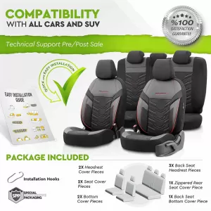 Seat Covers Otom Reflective Design Universal Jacquard / Rachel / Artificial Leather Front / Rear Set 11 Pieces Black With Red Stitch RFL-2601-image-6305270