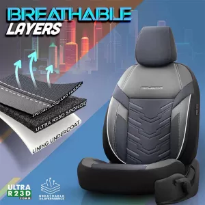 Seat Covers Otom Reflective Design Universal Jacquard / Rachel / Artificial Leather Front / Rear Set 11 Pieces Black With Blue Stitch RFL-2604-image-6305275