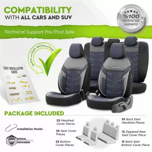 Seat Covers Otom Reflective Design Universal Jacquard / Rachel / Artificial Leather Front / Rear Set 11 Pieces Black With Blue Stitch RFL-2604-image-6305281