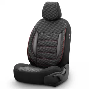 Seat Covers Otom Sport Plus Design Universal Cotton / Rachel / Artificial Leather Front / Rear Set 11 Pieces Black With Red Stitch SPTPLS-102-image-6305284