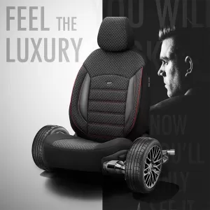 Seat Covers Otom Sport Plus Design Universal Cotton / Rachel / Artificial Leather Front / Rear Set 11 Pieces Black With Red Stitch SPTPLS-102-image-6305290