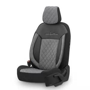 Seat Covers Otom Comfortline VIP Design Universal Sued / Rachel / Artificial Leather Embroidered Front / Rear Set 11 Pieces Black - Grey CMV-233-image-6305305