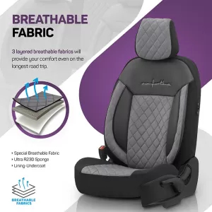 Seat Covers Otom Comfortline VIP Design Universal Sued / Rachel / Artificial Leather Embroidered Front / Rear Set 11 Pieces Black - Grey CMV-233-image-6305306