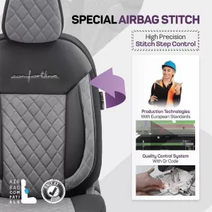 Seat Covers Otom Comfortline VIP Design Universal Sued / Rachel / Artificial Leather Embroidered Front / Rear Set 11 Pieces Black - Grey CMV-233-image-6305307