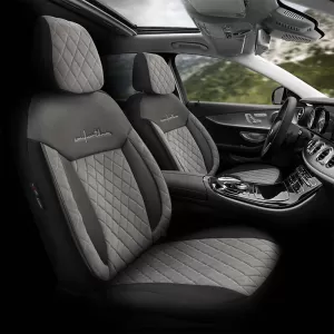 Seat Covers Otom Comfortline VIP Design Universal Sued / Rachel / Artificial Leather Embroidered Front / Rear Set 11 Pieces Black - Grey CMV-233-image-6305313
