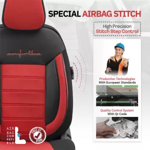 Seat Covers Otom Comfortline Design Universal Sued / Rachel / Artificial Leather Front / Rear Set 11 Pieces Black - Red CMF-207-image-6305328