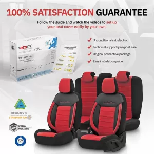 Seat Covers Otom Comfortline Design Universal Sued / Rachel / Artificial Leather Front / Rear Set 11 Pieces Black - Red CMF-207-image-6305333