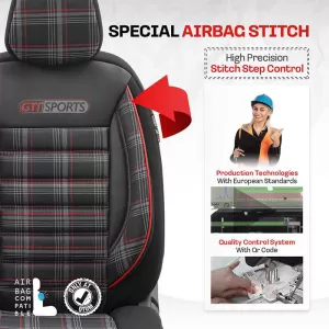 Seat Covers Otom GTI Sports Design Universal Jacquard / Lacost / Artificial Leather Front / Rear Set 11 Pieces Black - Red GTI-801-image-6305377