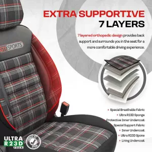 Seat Covers Otom GTI Sports Design Universal Jacquard / Lacost / Artificial Leather Front / Rear Set 11 Pieces Black - Red GTI-801-image-6305378