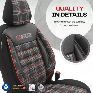 Seat Covers Otom GTI Sports Design Universal Jacquard / Lacost / Artificial Leather Front / Rear Set 11 Pieces Black - Red GTI-801-image-6305379