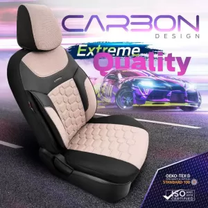 Seat Covers Otom Carbon Design Universal Jacquard / Rachel / Artificial Leather Front / Rear Set 11 Pieces Beige CRB-3403-image-6306221