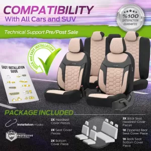 Seat Covers Otom Carbon Design Universal Jacquard / Rachel / Artificial Leather Front / Rear Set 11 Pieces Beige CRB-3403-image-6306227