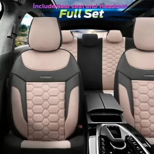 Seat Covers Otom Carbon Design Universal Jacquard / Rachel / Artificial Leather Front / Rear Set 11 Pieces Beige CRB-3403-image-6306228