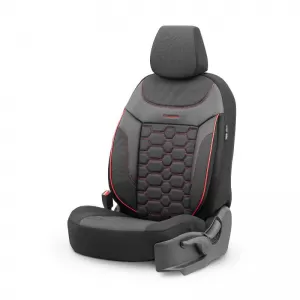 Seat Covers Otom Carbon Design Universal Jacquard / Rachel / Artificial Leather Front / Rear Set 11 Pieces Black - Red CRB-3402-image-6306241