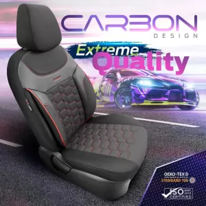 Seat Covers Otom Carbon Design Universal Jacquard / Rachel / Artificial Leather Front / Rear Set 11 Pieces Black - Red CRB-3402-image-6306242