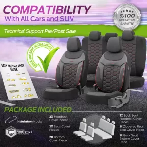 Seat Covers Otom Carbon Design Universal Jacquard / Rachel / Artificial Leather Front / Rear Set 11 Pieces Black - Red CRB-3402-image-6306248