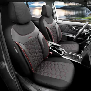 Seat Covers Otom Carbon Design Universal Jacquard / Rachel / Artificial Leather Front / Rear Set 11 Pieces Black - Red CRB-3402-image-6306250