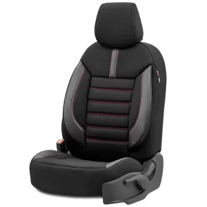 Seat Covers Otom Limited Design Universal Jacquard / Lacost / Artificial Leather Front / Rear Set 11 Pieces Black With Red Seams LMT-101-image-6307295