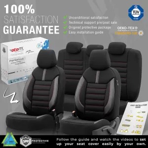 Seat Covers Otom Limited Design Universal Jacquard / Lacost / Artificial Leather Front / Rear Set 11 Pieces Black With Red Seams LMT-101-image-6307302