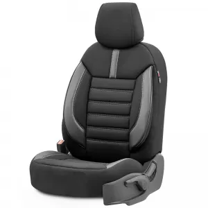 Seat Covers Otom Limited Design Universal Jacquard / Lacost / Artificial Leather Front / Rear Set 11 Pieces Black With Grey Seams LMT-102-image-6308269