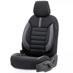 Seat Covers Otom Limited Design Universal Jacquard / Lacost / Artificial Leather Front / Rear Set 11 Pieces Black With Blue Seams LMT-103-image-6308290