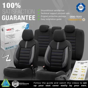Seat Covers Otom Limited Design Universal Jacquard / Lacost / Artificial Leather Front / Rear Set 11 Pieces Black With Blue Seams LMT-103-image-6308297