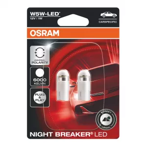 Led Bulbs T10 12Volt 1Watt Night Breaker 6000k Osram 2825DWΝΒC-02Β 2pcs