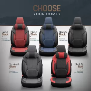 Seat Covers Otom Voyager Universal Linen / Rachel / Artificial Leather Front / Rear Set 13 Pieces Black / Red VYG-104-image-6310897