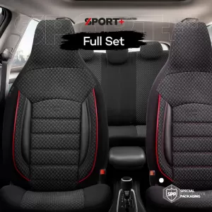 Seat Covers Otom Sport Plus City Design Universal Cotton / Rachel / Artificial Leather Front / Rear Set 11 Pieces Black With Red Stitch SPTPLS-102CTY-image-6316157
