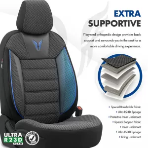 Seat Covers Otom Toro Design Universal Cotton / Artificial Leather Front / Rear Set 11 Pieces Black / Blue ΤRΟ-903-image-6317520