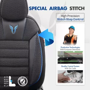 Seat Covers Otom Toro Design Universal Cotton / Artificial Leather Front / Rear Set 11 Pieces Black / Blue ΤRΟ-903-image-6317521