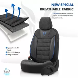 Seat Covers Otom Toro Design Universal Cotton / Artificial Leather Front / Rear Set 11 Pieces Black / Blue ΤRΟ-903-image-6317522