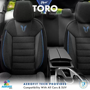 Seat Covers Otom Toro Design Universal Cotton / Artificial Leather Front / Rear Set 11 Pieces Black / Blue ΤRΟ-903-image-6317523