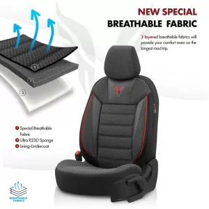Seat Covers Otom Toro Design Universal Cotton / Artificial Leather Front / Rear Set 11 Pieces Black / Red ΤRΟ-901-image-6317532