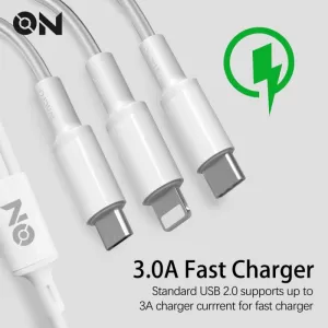 Fast Charge Cable USB 3 in 1 suitable for Lightning, Micro, Type-C, White, 120cm ON Mobile Accessories, 1 Piece-image-6322744