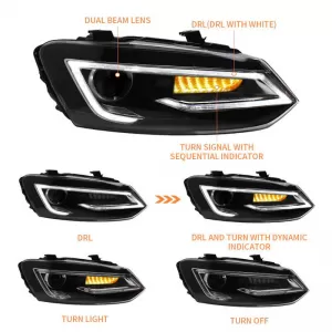 Headlights Set Suitable for VW Polo 6R/6C 09-17 DRL Tube & Dynamic Signal H7 With Motor V-Land-image-6329246