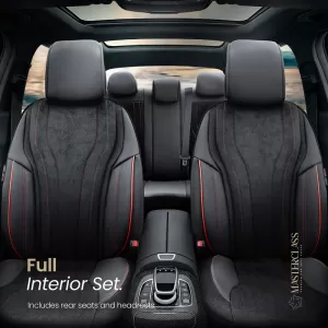 Seat Covers Otom Masterclass Design Universal Sued / Rachel / Artificial Leather Front / Rear Set 11 Pieces Black With Red Stitch MST-102-image-6340111