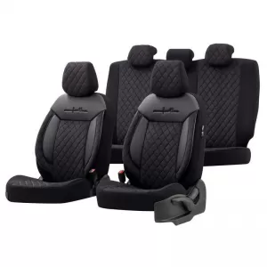 Seat Covers Otom Comfortline VIP Design Universal Sued / Rachel / Artificial Leather Embroidered Front / Rear Set 11 Pieces Black With Black Stitch CMV-238