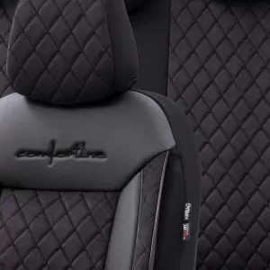 Seat Covers Otom Comfortline VIP Design Universal Sued / Rachel / Artificial Leather Embroidered Front / Rear Set 11 Pieces Black With Black Stitch CMV-238