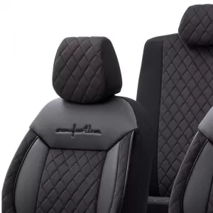 Seat Covers Otom Comfortline VIP Design Universal Sued / Rachel / Artificial Leather Embroidered Front / Rear Set 11 Pieces Black With Black Stitch CMV-238