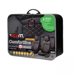 Seat Covers Otom Comfortline VIP Design Universal Sued / Rachel / Artificial Leather Embroidered Front / Rear Set 11 Pieces Black With Black Stitch CMV-238